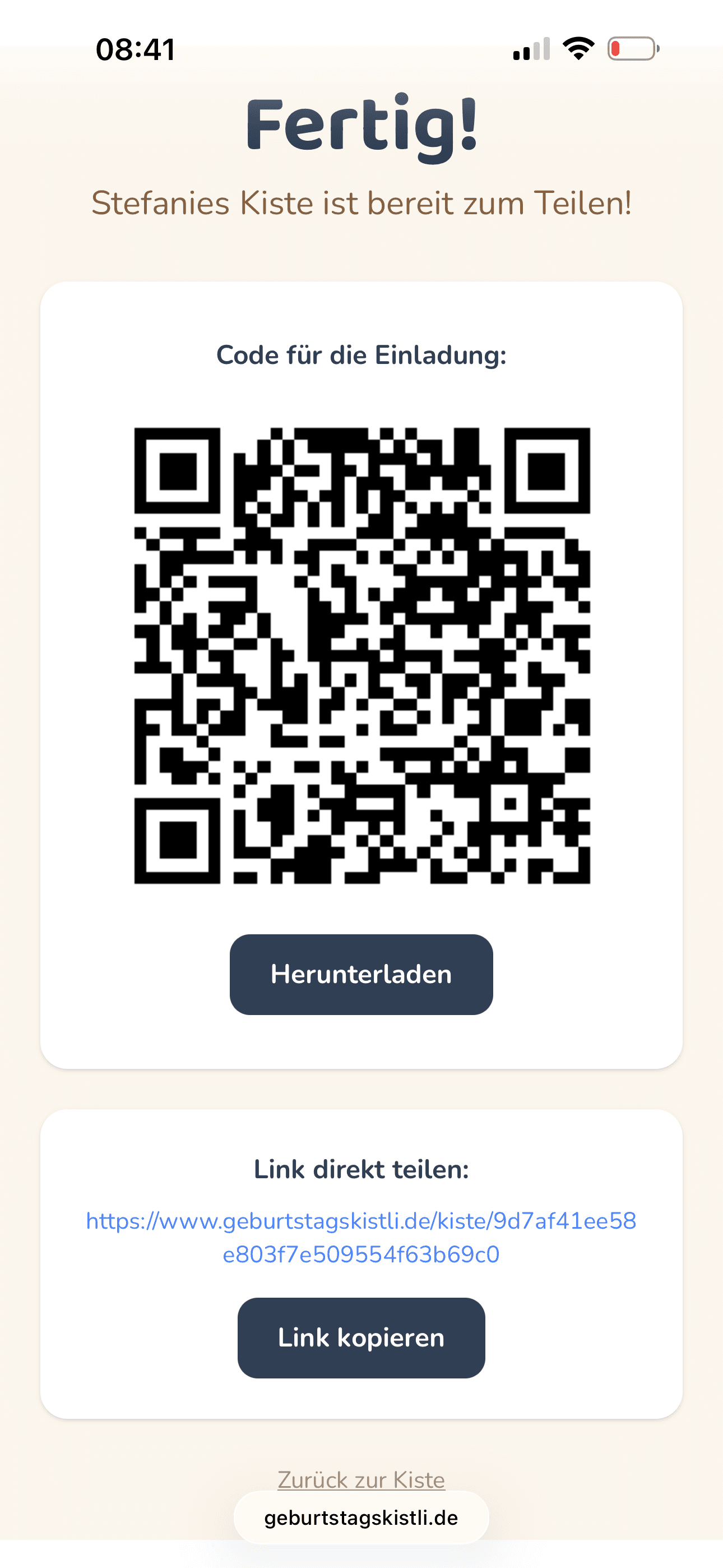 Screenshot: Kiste per QR-Code oder WhatsApp teilen